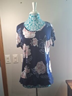 Espresso Navy Short Sleeve Floral Top with Pink Blooms